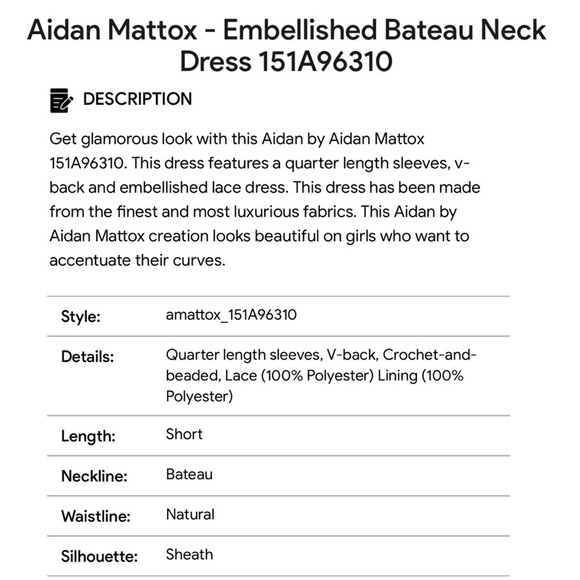 AIDAN MATTOX SEQUIN EMBELLISHED CROCHET LACE BOAT NECK 3/4 SLEEVES SHEATH DRESS - Picture 2 of 14